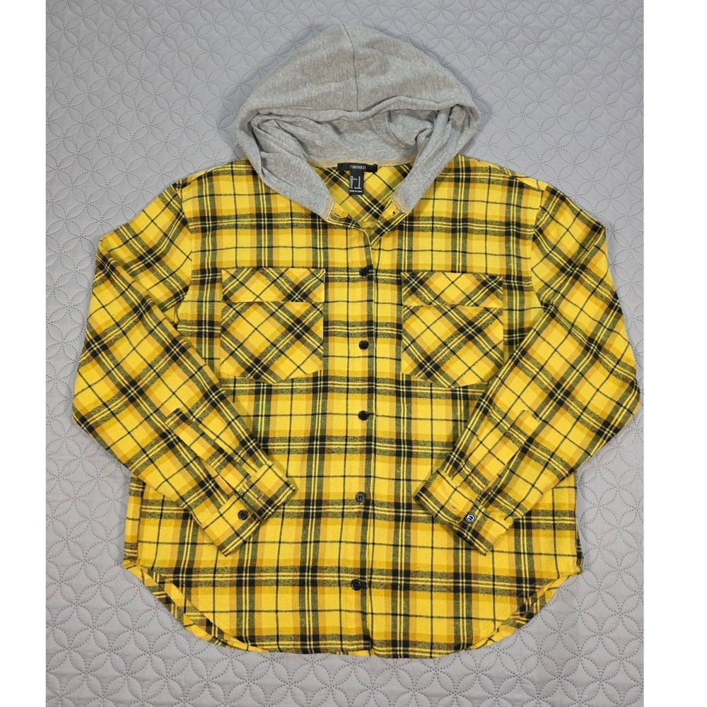 Forever 21 Mens Yellow Black Plaid Hooded Flannel Shirt Button Up Medium - Picture 2 of 8